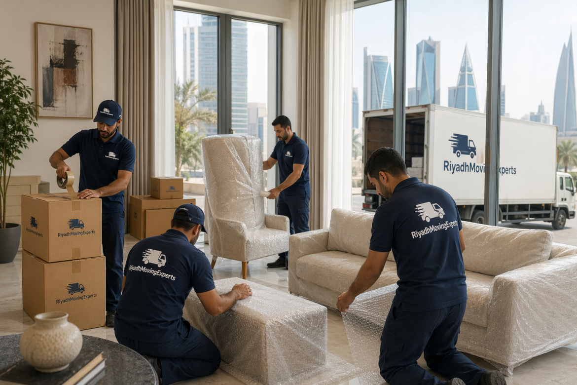 Professional Riyadh moving experts carefully packing household items in a modern apartment with safe wrapping and organized relocation process.