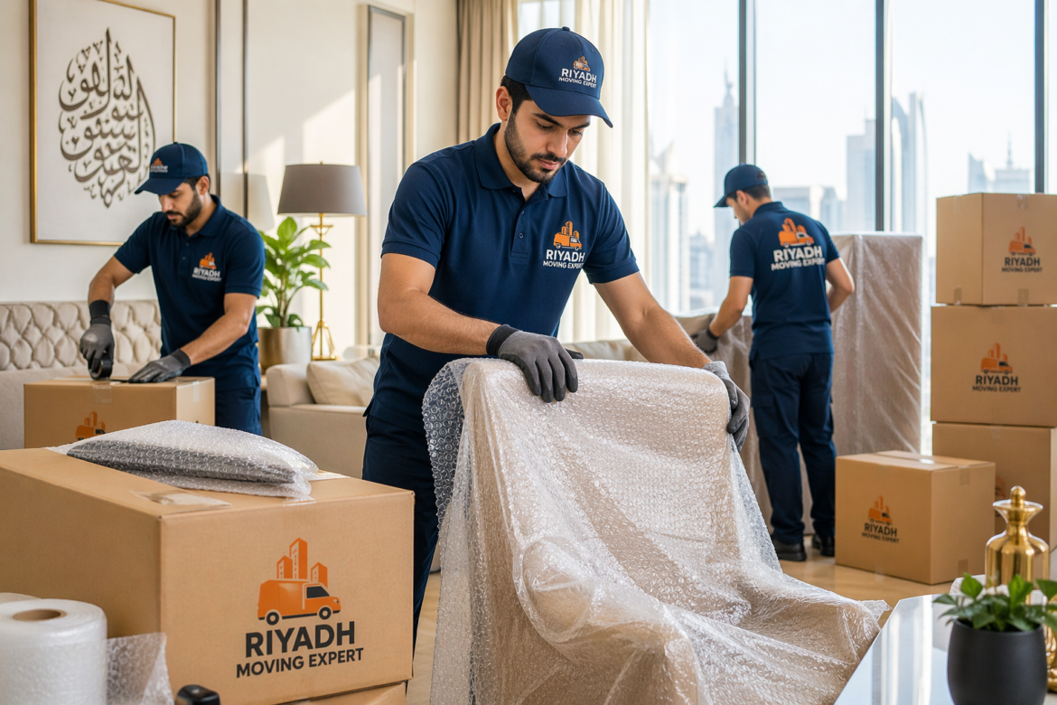 Professional movers in Riyadh packing household furniture safely inside a modern apartment using bubble wrap and boxes – Riyadh Moving Expert team