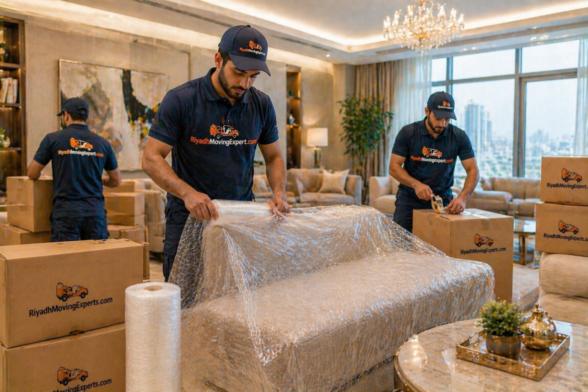 Best Riyadh moving experts packing luxury sofa with bubble wrap in modern apartment – RiyadhMovingExpert.com team