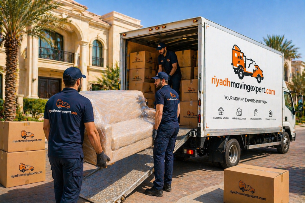 Best Riyadh moving experts loading furniture into branded moving truck outside villa in Riyadh with secure handling