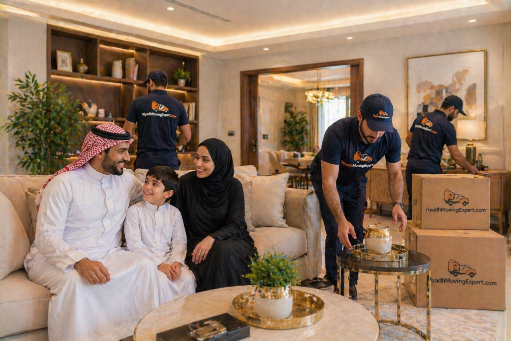 Happy Saudi family in modern living room after moving service by best Riyadh moving experts team in background