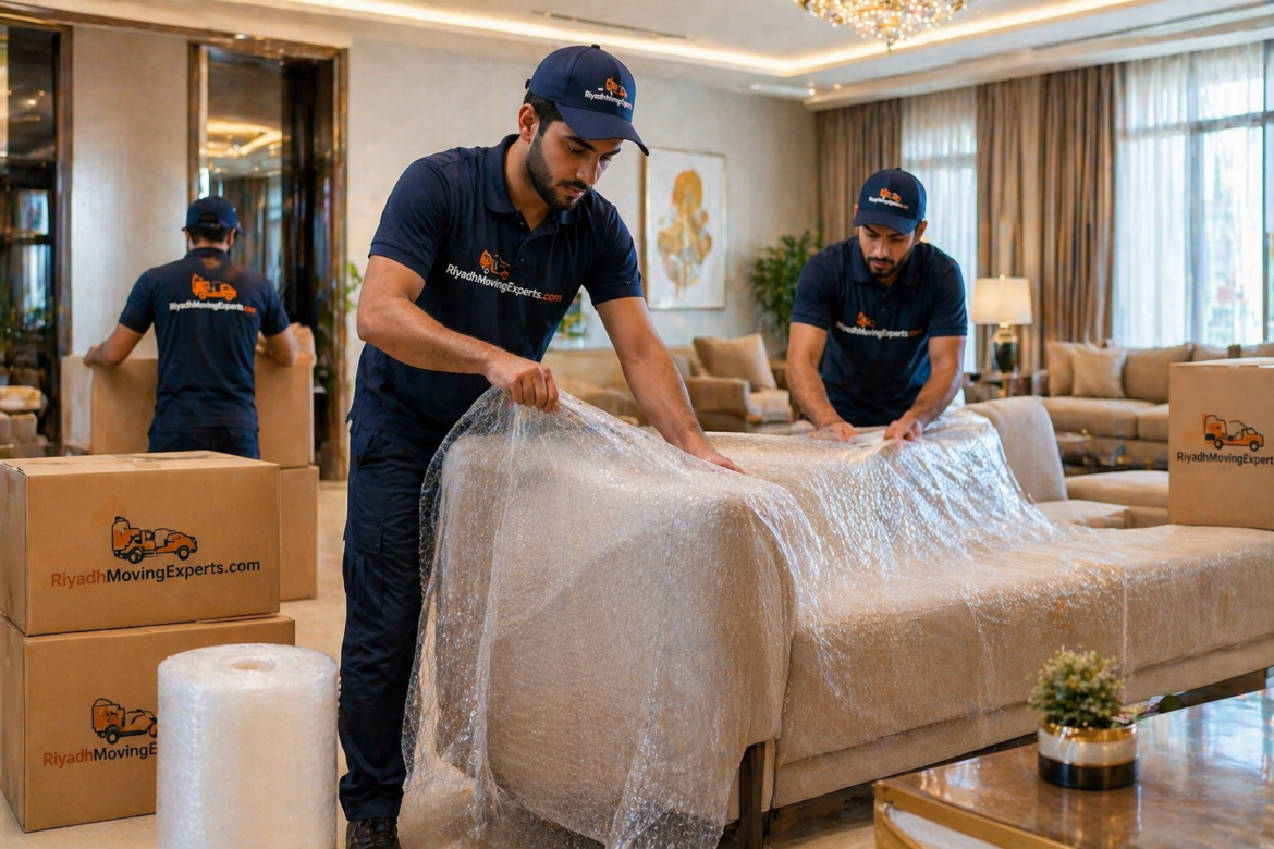 Furniture movers Riyadh wrapping a luxury sofa with bubble wrap inside a modern apartment – RiyadhMovingExperts.com team