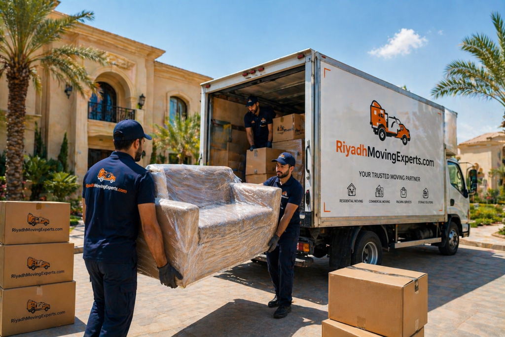Furniture movers Riyadh loading sofa and boxes into a branded moving truck outside a Riyadh villa – safe relocation service