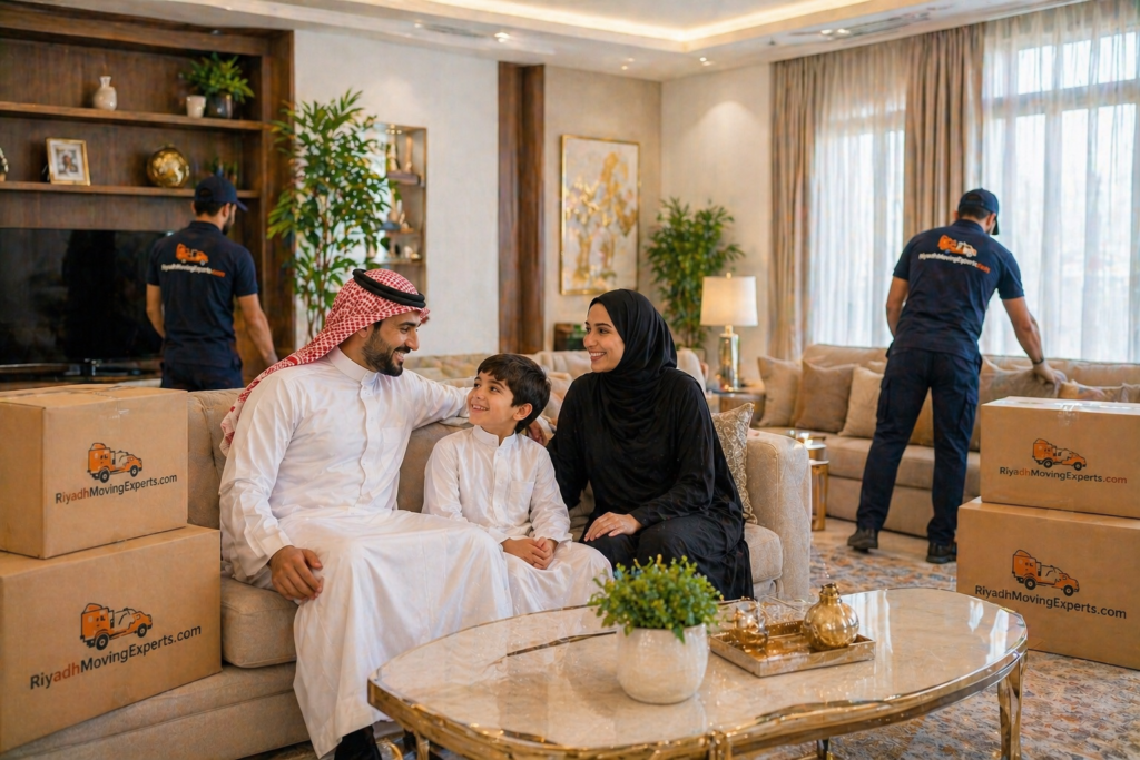 Happy Saudi family in modern living room after furniture moving service while RiyadhMovingExperts.com team completes setup
