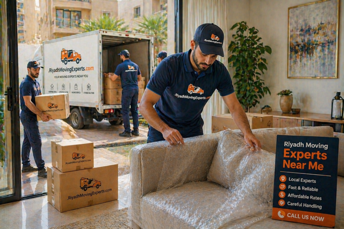 Riyadh moving experts near me packing furniture at doorstep with bubble wrap in modern apartment – RiyadhMovingExperts.com