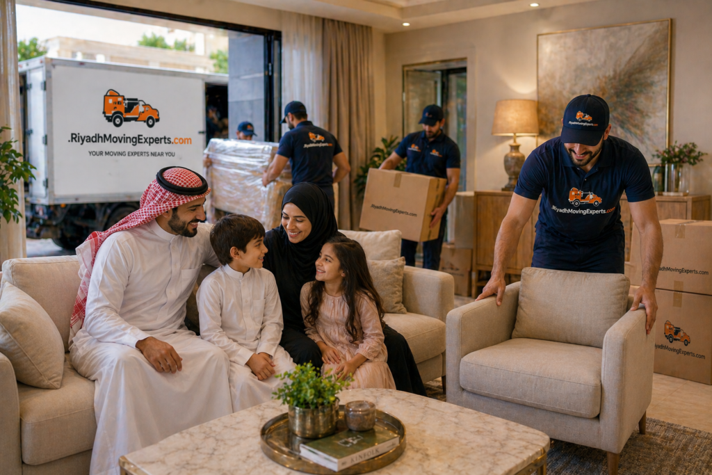 Happy Saudi family in new home after relocation by Riyadh moving experts near me while team completes setup in background
