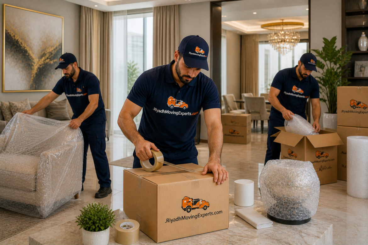 House shifting services Riyadh team packing household items safely inside modern apartment – RiyadhMovingExperts.com