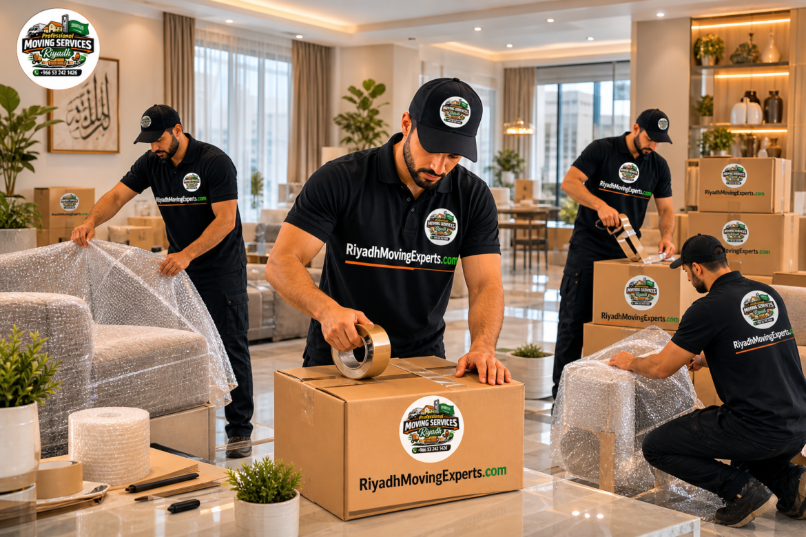 House moving experts in Riyadh packing furniture with bubble wrap in modern apartment – RiyadhMovingExperts.com team