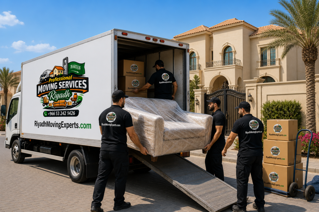 House moving experts in Riyadh loading sofa and boxes into branded moving truck outside luxury villa