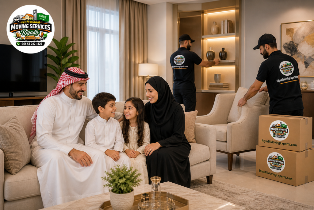 Happy Saudi family in modern home after relocation by house moving experts in Riyadh while team completes setup